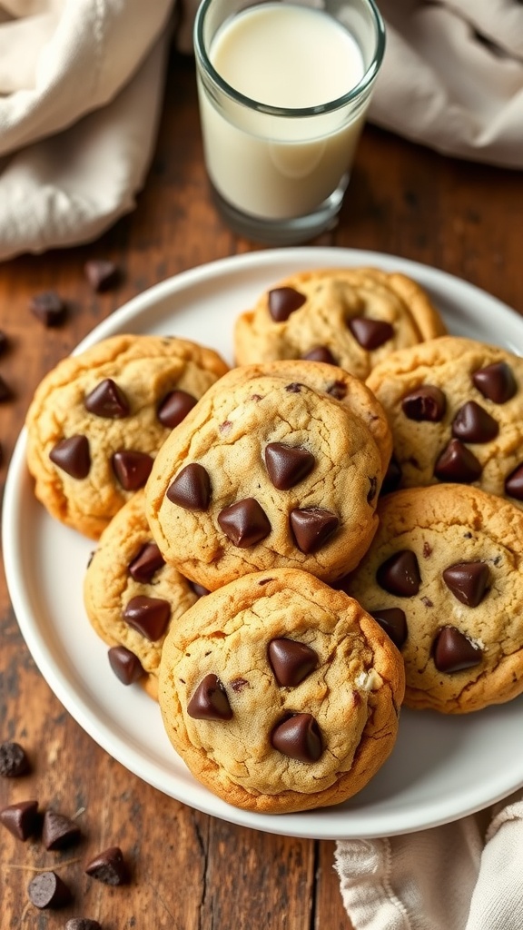 A plate of golden brown chocolate chip cookies with melted chocolate chips and a glass of milk.